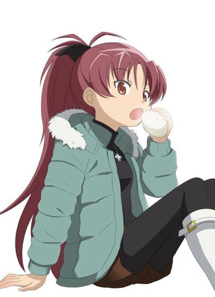 Anime picture 695x960 with mahou shoujo madoka magica shaft (studio) sakura kyouko single long hair tall image looking at viewer open mouth white background sitting brown eyes ponytail red hair arm support open jacket teeth fang (fangs) eating steam jpeg artifacts