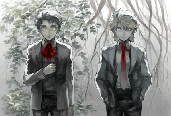Anime picture 800x544 with jojo no kimyou na bouken dio brando jonathan joestar oburaato looking at viewer short hair blue eyes black hair blonde hair green eyes multiple boys hands in pockets alternate age younger boy plant (plants) tree (trees) necktie bowtie 2 boys