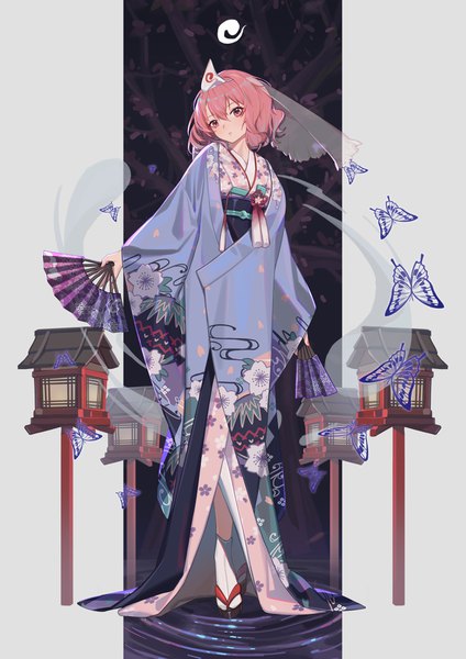 Anime picture 2845x4027 with touhou saigyouji yuyuko xtears kitsune single tall image looking at viewer blush fringe highres short hair hair between eyes standing holding pink hair full body long sleeves nail polish traditional clothes parted lips head tilt