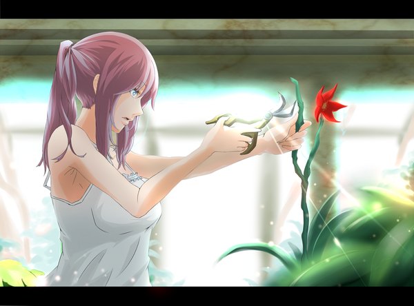 Anime picture 1600x1186 with vocaloid megurine luka endou (zettai bluenoid) single long hair fringe breasts open mouth blue eyes large breasts bare shoulders pink hair ponytail profile sunlight outstretched arm letterboxed sunbeam girl plant (plants)