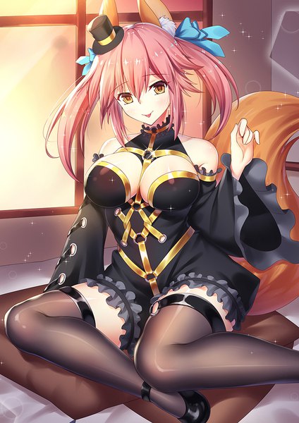 Anime picture 764x1080 with fate (series) fate/extra tamamo (fate) (all) tamamo no mae (fate) zha yu bu dong hua single long hair tall image looking at viewer blush fringe breasts light erotic smile hair between eyes large breasts sitting twintails bare shoulders brown eyes