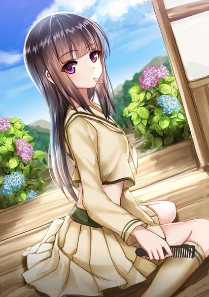 Anime picture 600x848 with kantai collection kitakami light cruiser mallizmora single long hair tall image looking at viewer fringe black hair sitting purple eyes holding sky cloud (clouds) indoors blunt bangs pleated skirt blurry midriff dutch angle