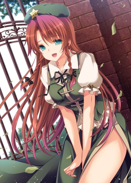 Anime picture 862x1200 with touhou hong meiling moneti (daifuku) single long hair tall image looking at viewer open mouth red hair braid (braids) aqua eyes wind twin braids chinese clothes gate girl skirt leaf (leaves) beret skirt set