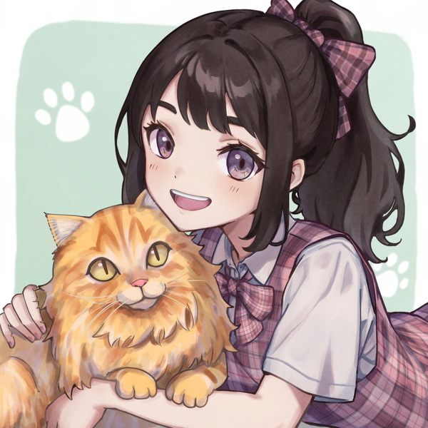 Anime picture 1088x1088 with original yuri yone single long hair open mouth brown hair purple eyes payot ponytail :d border outside border plaid aqua background girl bow hair bow animal cat