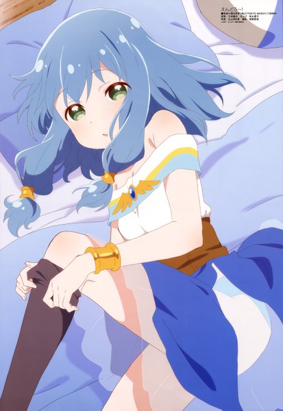 Anime picture 4085x5927 with endro! megami magazine meiza endust oota kenji single long hair tall image looking at viewer blush fringe highres open mouth light erotic bare shoulders green eyes payot blue hair absurdres lying from above