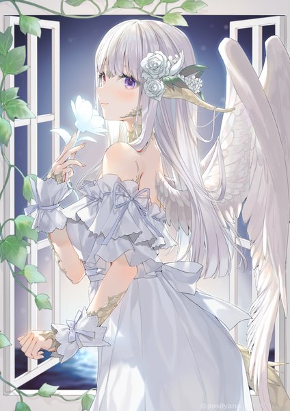 Anime picture 1724x2439 with final fantasy final fantasy xiv square enix au ra yana mori single long hair tall image looking at viewer blush fringe highres red eyes standing purple eyes bare shoulders holding white hair blunt bangs hair flower