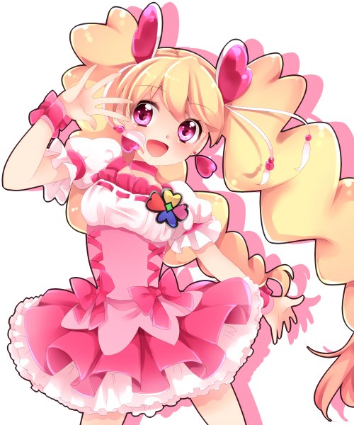 Anime picture 1000x1200 with precure fresh precure! toei animation momozono love cure peach uzuki aki single long hair tall image looking at viewer blush open mouth simple background blonde hair white background twintails braid (braids) pink eyes girl dress