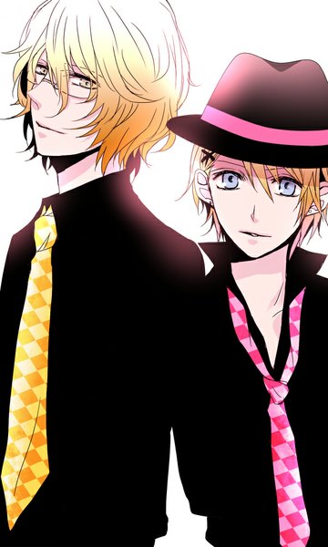Anime picture 600x1000 with uta no prince-sama a-1 pictures kurusu shou shinomiya natsuki soul brother (artist) tall image short hair blue eyes simple background blonde hair white background green eyes multiple boys grey eyes partially open clothes boy hat shirt glasses necktie