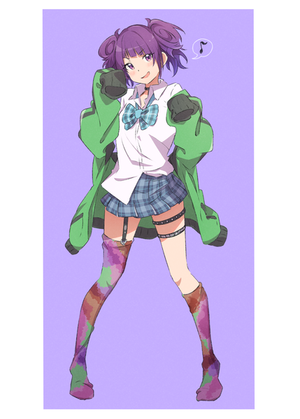 Anime picture 1066x1491 with idolmaster idolmaster shiny colors tanaka mamimi eito12 single tall image looking at viewer short hair simple background standing purple eyes twintails purple hair full body long sleeves head tilt open jacket border short twintails purple background