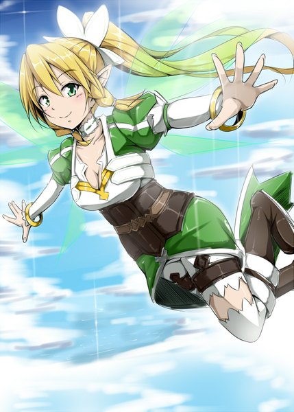 Anime picture 1243x1739 with sword art online a-1 pictures leafa yopparai oni single long hair tall image blonde hair green eyes cloud (clouds) ponytail braid (braids) pointy ears twin braids girl thighhighs white thighhighs bracelet