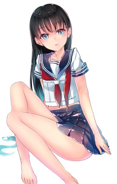Anime picture 576x899 with original kyara36 single long hair tall image looking at viewer fringe blue eyes light erotic black hair simple background white background bent knee (knees) pleated skirt barefoot bare legs no shoes girl skirt uniform