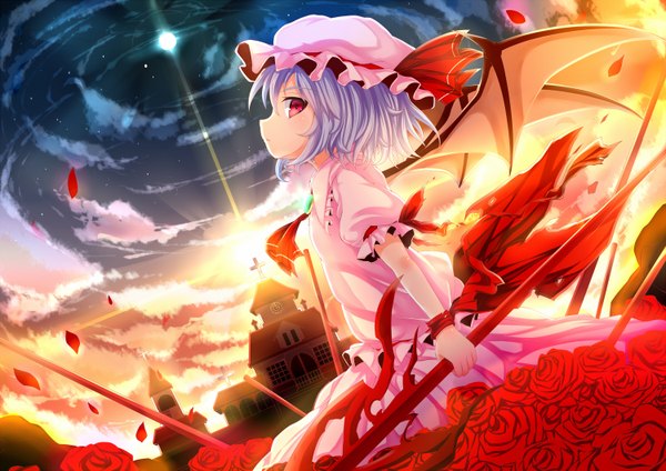 Anime picture 1500x1060 with touhou remilia scarlet gamuo single short hair red eyes sky silver hair cloud (clouds) girl dress flower (flowers) weapon petals wings rose (roses) bonnet red rose spear the gungnir