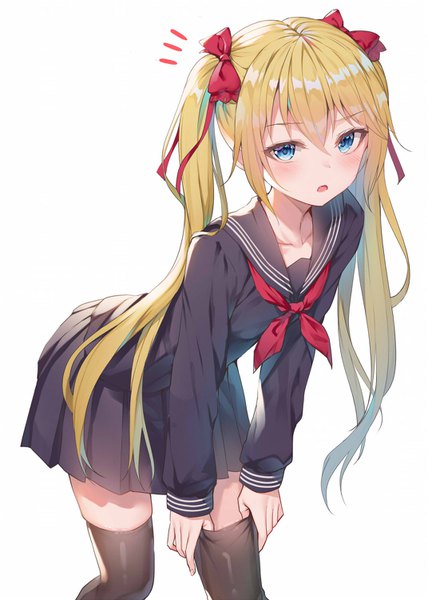 Anime picture 1071x1500 with original alexmaster single long hair tall image looking at viewer blush fringe open mouth blue eyes simple background blonde hair hair between eyes standing white background twintails pleated skirt leaning zettai ryouiki leaning forward
