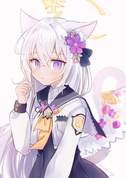 Anime picture 1131x1600 with blue archive azusa (blue archive) sese nagi single tall image looking at viewer fringe simple background hair between eyes white background purple eyes animal ears white hair tail very long hair animal tail hair flower cat ears cat girl cat tail