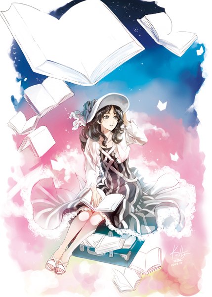 Anime picture 1500x2098 with rahwia single long hair tall image highres blue eyes black hair sky girl dress bow hat book (books) star (stars) bag