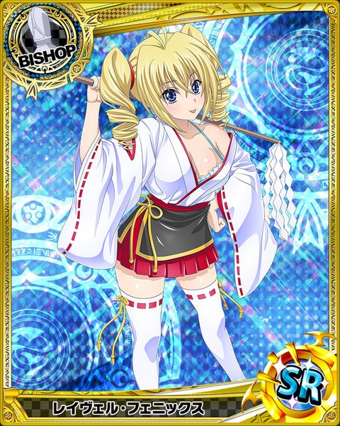 Anime picture 640x800 with highschool dxd ravel phenex single long hair tall image looking at viewer blue eyes light erotic blonde hair twintails traditional clothes japanese clothes drill hair card (medium) miko girl thighhighs skirt miniskirt white thighhighs