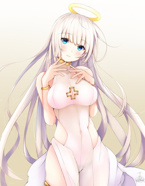 Anime picture 1172x1500 with original suzume (simple0091) single long hair tall image looking at viewer blush fringe breasts blue eyes light erotic simple background large breasts standing bare shoulders signed payot silver hair blunt bangs head tilt