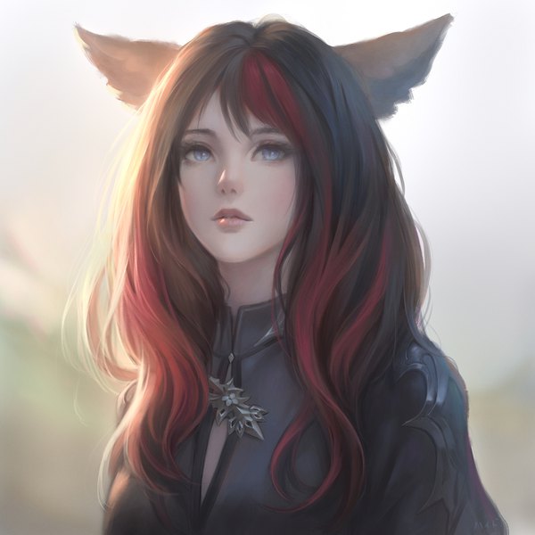 Anime picture 1400x1400 with final fantasy final fantasy xiv square enix miqo'te chaosringen single long hair looking at viewer blush fringe blue eyes black hair hair between eyes animal ears upper body red hair multicolored hair lips cat ears realistic