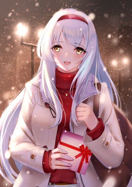 Anime picture 2894x4093 with kantai collection shoukaku aircraft carrier sakurahuji-iro single long hair tall image looking at viewer blush fringe highres open mouth standing holding brown eyes outdoors white hair :d night evening light