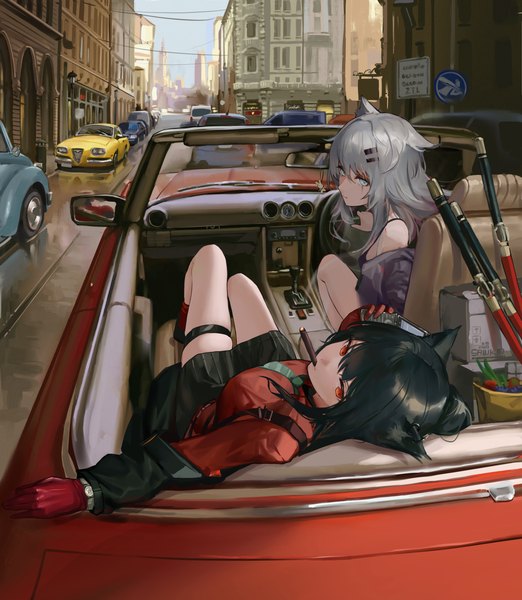 Anime picture 4134x4749 with arknights texas (arknights) lappland (arknights) texas (willpower) (arknights) sawkm long hair tall image fringe highres short hair breasts black hair hair between eyes red eyes bare shoulders holding animal ears looking away absurdres silver hair