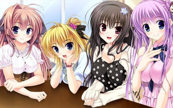 Anime picture 1054x659 with scramble lovers aoi yui mibu natsume izumo sakurako kiryuu sarasa inuzumi masaki ariko youichi long hair looking at viewer blush breasts open mouth blue eyes black hair blonde hair smile brown hair large breasts twintails purple eyes