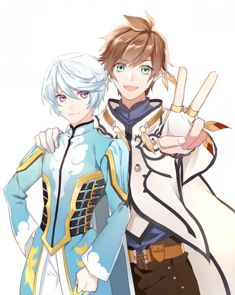 Anime picture 800x1004 with tales of (series) tales of zestiria mikleo (tales) sorey (tales) mibu (1064493753) tall image looking at viewer fringe short hair open mouth simple background hair between eyes brown hair white background purple eyes silver hair :d aqua eyes multiple boys hand on hip