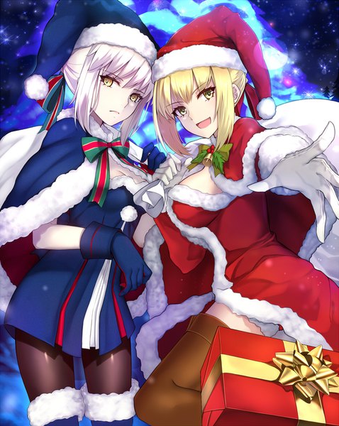 Anime picture 1439x1806 with fate (series) fate/grand order artoria pendragon (all) nero claudius (fate) (all) nero claudius (fate) santa alter shiguru tall image looking at viewer fringe short hair breasts light erotic blonde hair large breasts multiple girls yellow eyes payot cleavage bent knee (knees)