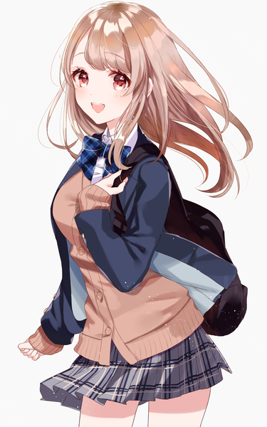 Anime picture 1250x2000 with original sinsihukunokonaka single long hair tall image looking at viewer blush fringe breasts open mouth simple background smile red eyes brown hair white background upper body long sleeves :d pleated skirt open clothes