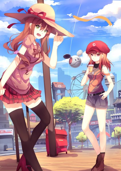Anime picture 800x1131 with original riki-to long hair tall image open mouth red eyes brown hair multiple girls green eyes sky cloud (clouds) girl thighhighs skirt black thighhighs 2 girls plant (plants) hat tree (trees) shoes