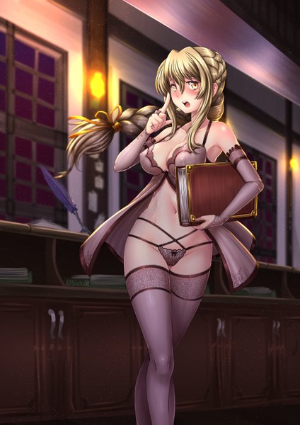 Anime picture 1240x1754 with goblin slayer! guild girl (goblin slayer!) adsouto single long hair tall image blush fringe breasts open mouth light erotic blonde hair smile hair between eyes large breasts standing holding signed yellow eyes payot