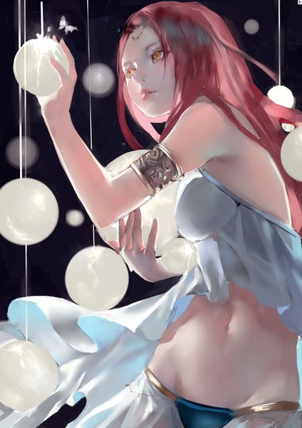 Anime picture 2480x3507 with original kamachi kamachi-ko single tall image blush highres light erotic bare shoulders holding yellow eyes looking away pink hair upper body parted lips lips bare belly shadow lipstick black background pink lipstick