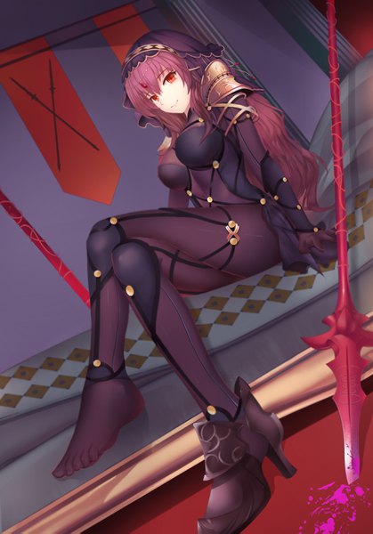 Anime picture 2000x2862 with fate (series) fate/grand order scathach (fate) (all) scathach (fate) magician (china) single long hair tall image looking at viewer fringe highres breasts light erotic smile hair between eyes red eyes large breasts sitting payot purple hair