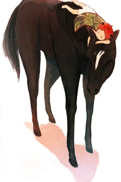 Anime picture 1000x1500 with original kamen apron single tall image short hair red hair lying eyes closed horn (horns) on stomach sleeping animal child (children) horse