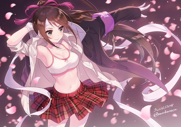 Anime picture 2508x1771 with original morikura en single long hair blush highres blue eyes light erotic brown hair looking away ponytail open shirt girl skirt gloves navel uniform ribbon (ribbons) hair ribbon school uniform