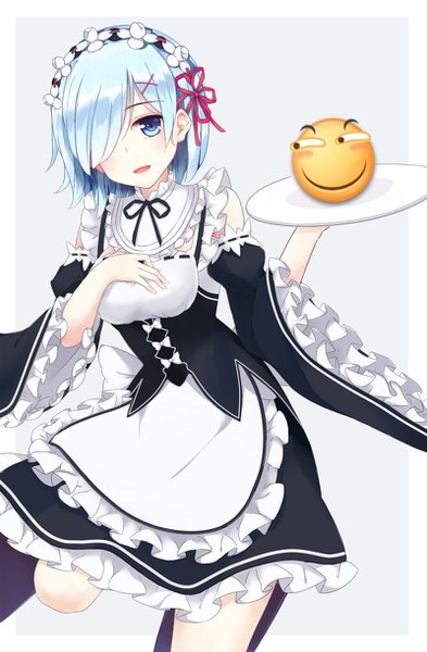 Anime picture 800x1222 with re:zero kara hajimeru isekai seikatsu white fox rem (re:zero) yukinoshita (shaonjishi) single tall image looking at viewer blush fringe short hair breasts open mouth blue eyes simple background standing holding blue hair hair over one eye wide sleeves maid