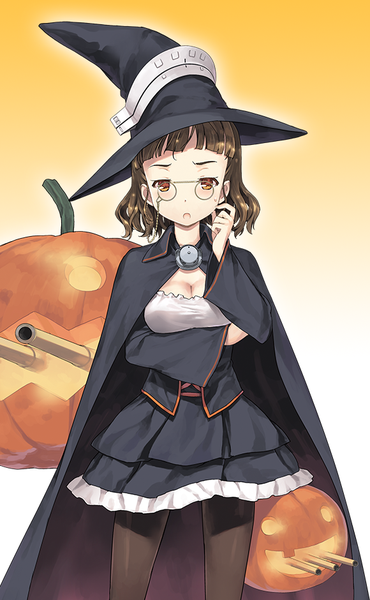 Anime picture 580x940 with kantai collection roma (kantai collection) jiji (aardvark) single tall image looking at viewer blush fringe short hair breasts open mouth simple background brown hair large breasts cleavage :o gradient background wavy hair halloween girl