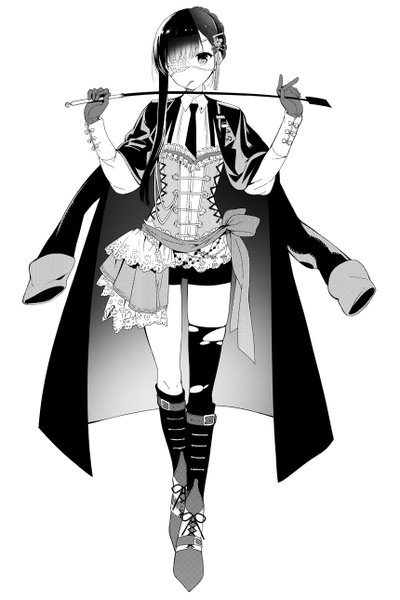 Anime picture 860x1289 with original mukuro (sakiyo cake) sakiyo cake single long hair tall image looking at viewer black hair simple background standing white background monochrome otoko no ko thighhighs boy gloves hair ornament ribbon (ribbons) black thighhighs socks