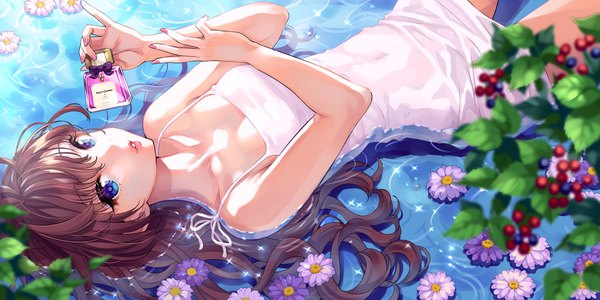 Anime picture 1500x750 with idolmaster idolmaster cinderella girls ichinose shiki nishimura eri single long hair looking at viewer fringe breasts blue eyes hair between eyes brown hair wide image bare shoulders cleavage outdoors lying nail polish parted lips fingernails