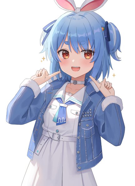 Anime picture 2309x3192 with virtual youtuber hololive usada pekora usada pekora (casual) beomko single tall image looking at viewer blush highres short hair open mouth simple background white background animal ears blue hair upper body :d open jacket orange eyes
