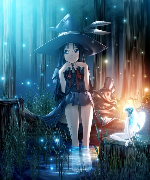 Anime picture 833x1000 with original rezi single long hair tall image black hair sitting black eyes witch fairy girl dress plant (plants) tree (trees) water grass witch hat