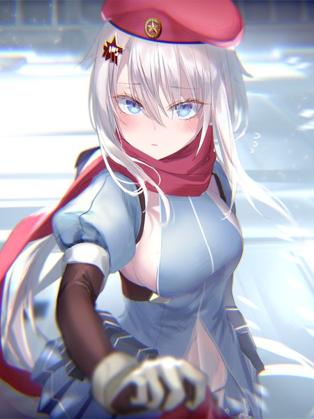 Anime picture 2400x3200 with girls frontline 9a-91 (girls frontline) pottsness single long hair tall image looking at viewer blush fringe highres breasts blue eyes light erotic hair between eyes standing payot silver hair outdoors wind blurry