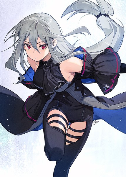 Anime picture 600x840 with arknights skadi (arknights) naguri single long hair tall image looking at viewer blush fringe breasts simple background hair between eyes red eyes standing bare shoulders grey hair leaning leaning forward gradient background standing on one leg