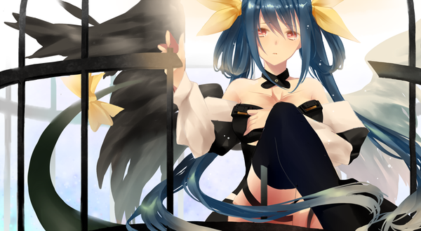 Anime picture 1500x825 with guilty gear dizzy (guilty gear) fukuda935 single long hair looking at viewer blush wide image sitting bare shoulders blue hair very long hair hand on chest black wings asymmetrical wings girl thighhighs ribbon (ribbons) hair ribbon wings
