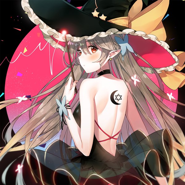 Anime picture 1200x1200 with original ayami (annahibi) single long hair looking at viewer blush fringe hair between eyes red eyes brown hair bare shoulders holding upper body looking back fingernails pointy ears from behind tattoo bare back witch