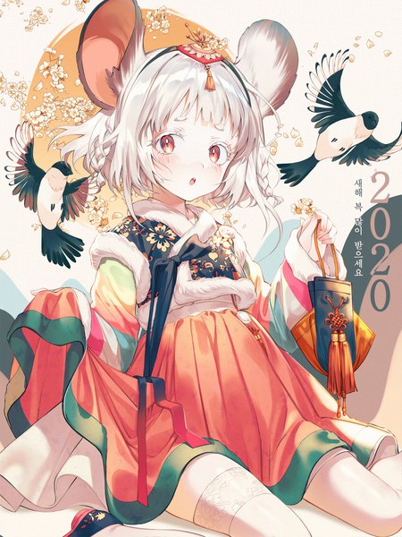 Anime picture 1500x2000 with original kinty single tall image looking at viewer blush fringe short hair open mouth red eyes sitting holding animal ears white hair braid (braids) traditional clothes :o fang (fangs) fur trim twin braids