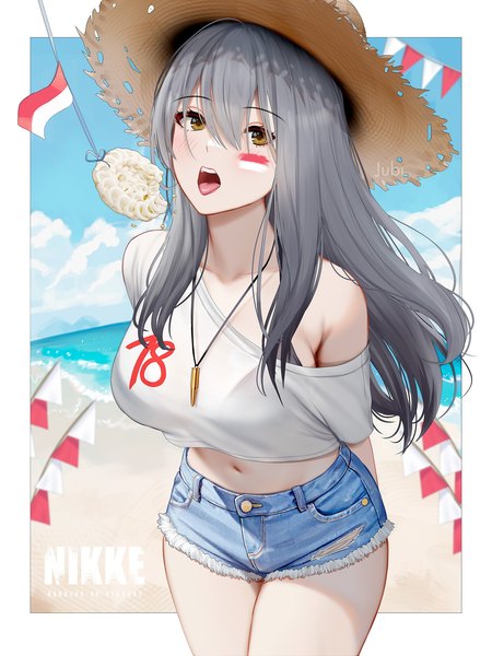 Anime picture 1536x2048 with goddess of victory: nikke frima (nikke) jubi (regiana) single long hair tall image fringe breasts open mouth light erotic hair between eyes signed yellow eyes sky cloud (clouds) grey hair off shoulder copyright name huge breasts beach