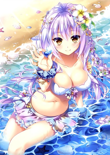 Anime picture 2230x3148 with dengeki moeou suzushiro atsushi single tall image looking at viewer blush fringe highres breasts light erotic smile hair between eyes large breasts bare shoulders holding yellow eyes payot cleavage purple hair bent knee (knees)
