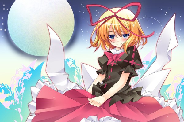 Anime picture 2999x1999 with touhou medicine melancholy kusano (torisukerabasu) blush highres short hair blue eyes smile orange hair girl bow moon