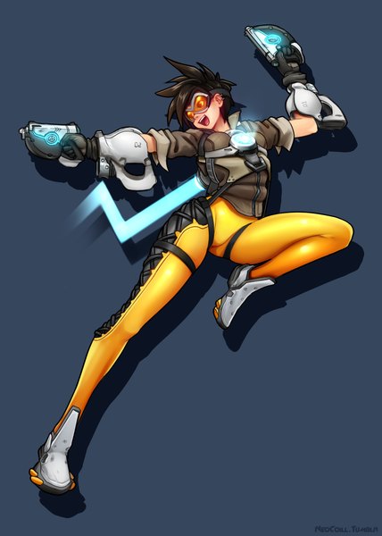 Anime picture 813x1140 with overwatch blizzard entertainment tracer (overwatch) neocoill single tall image short hair open mouth black hair simple background smile black eyes piercing dark background girl weapon gun bodysuit goggles pistol