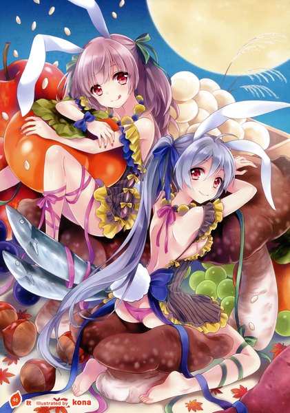 Anime picture 2528x3600 with girls, girls, girls! 10 (artbook) kyona (konakona) tall image highres light erotic smile red eyes twintails multiple girls animal ears blue hair purple hair scan official art bunny ears bunny girl girl dress underwear panties